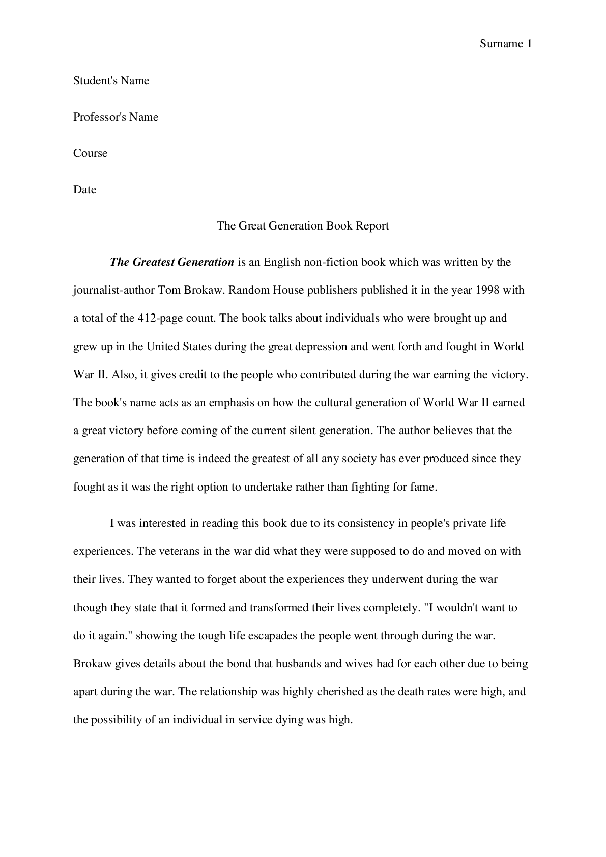 Preview image for The Great Generation Book Report